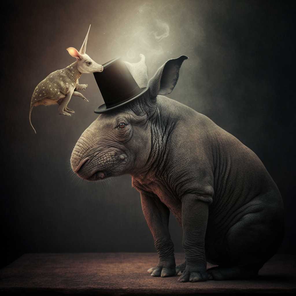 A strange flying unicorn critter puts a magician's hat on a rhino-bunny